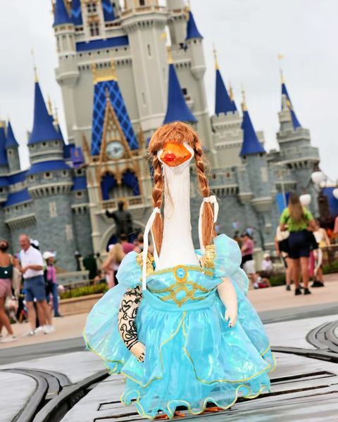 Lucy in a teal ball gown and braided wig in front of Cinderella Castle at Magic Kingdom