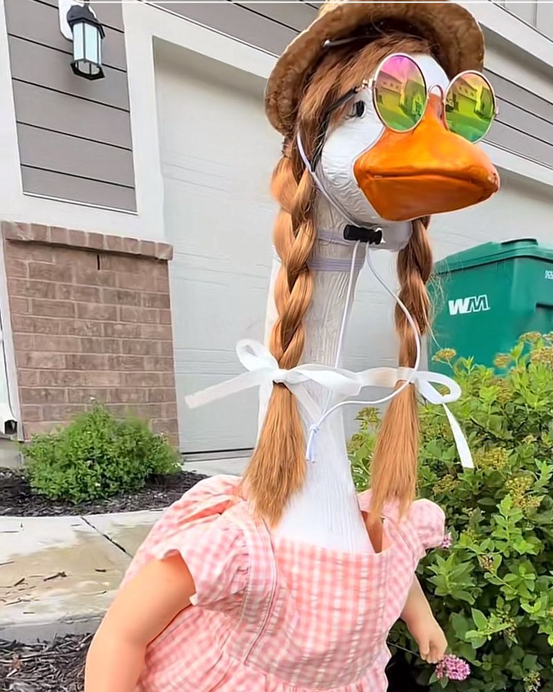 Lucy Goosey in a pink gingham dress and braids, wearing round sunglasses