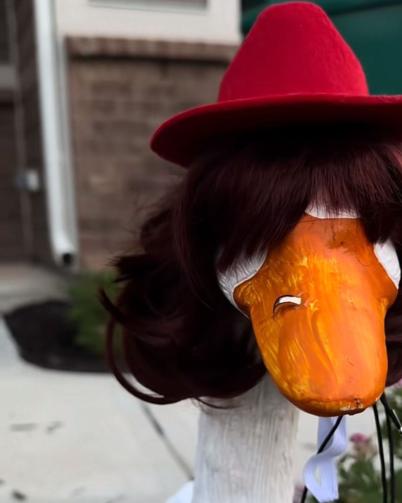Lucy Goosey, a white porch goose, wearing a red felt hat and a long brown wig