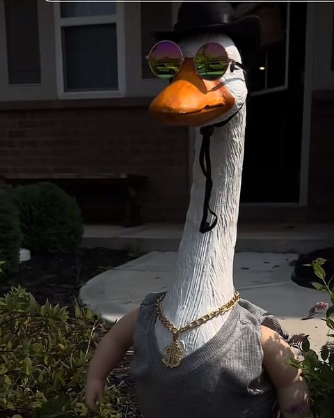 Lucy in a black top hat, tinted round sunglasses, a gray vest and a gold chain